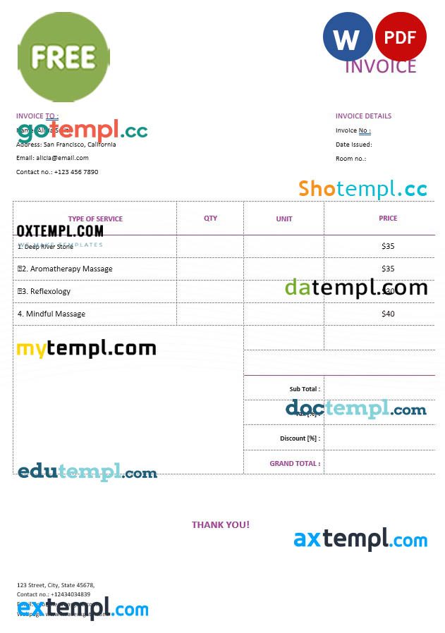 free download Free Massage Invoice example in word and pdf format