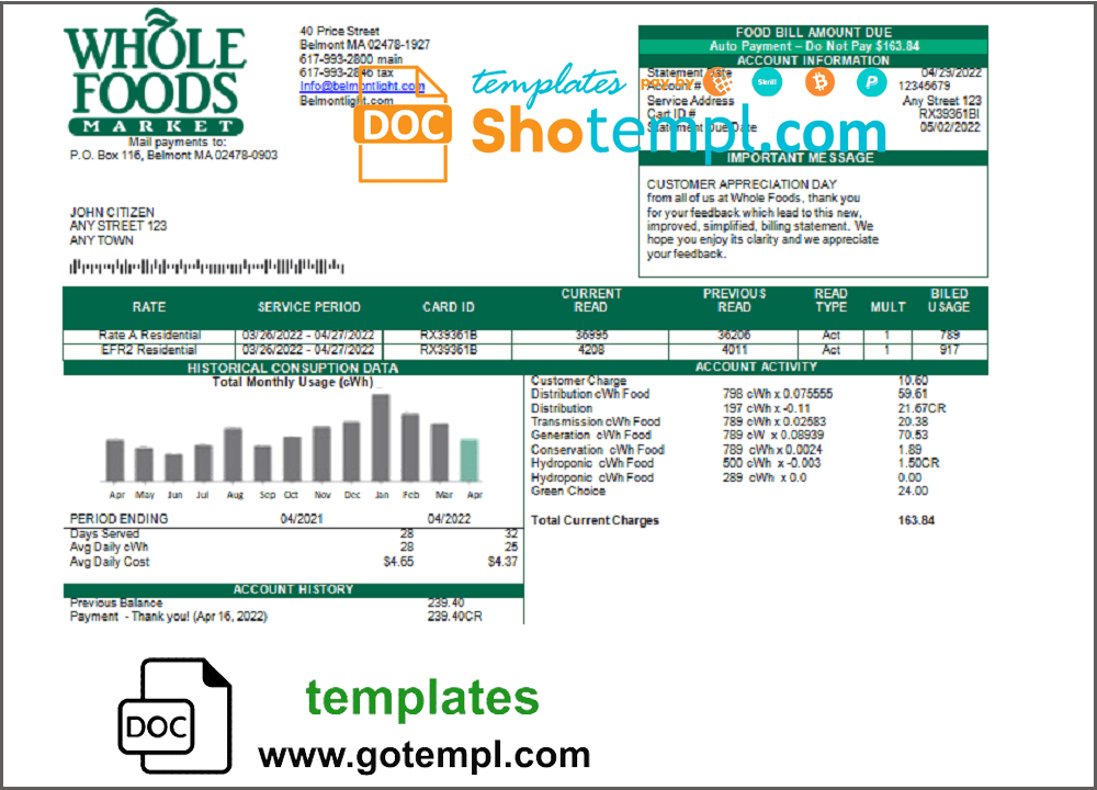 USA Whole Foods Market utility bill download example in Word and PDF format