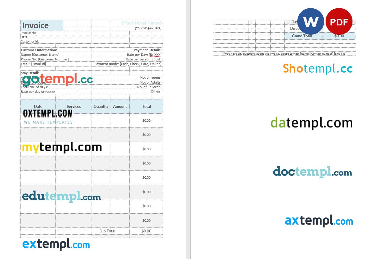 Hotel invoice example in word and pdf format