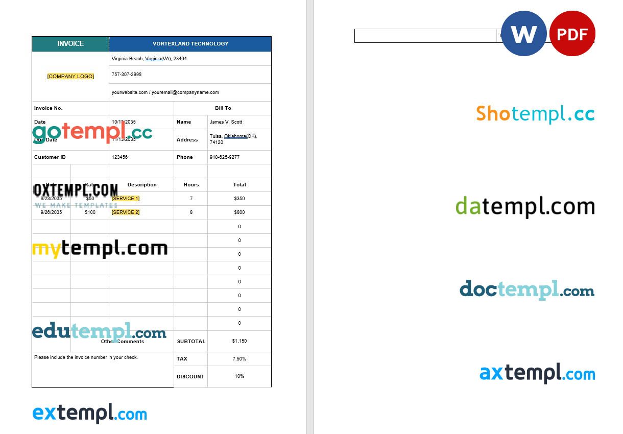 IT Consulting Invoice example in word and pdf format