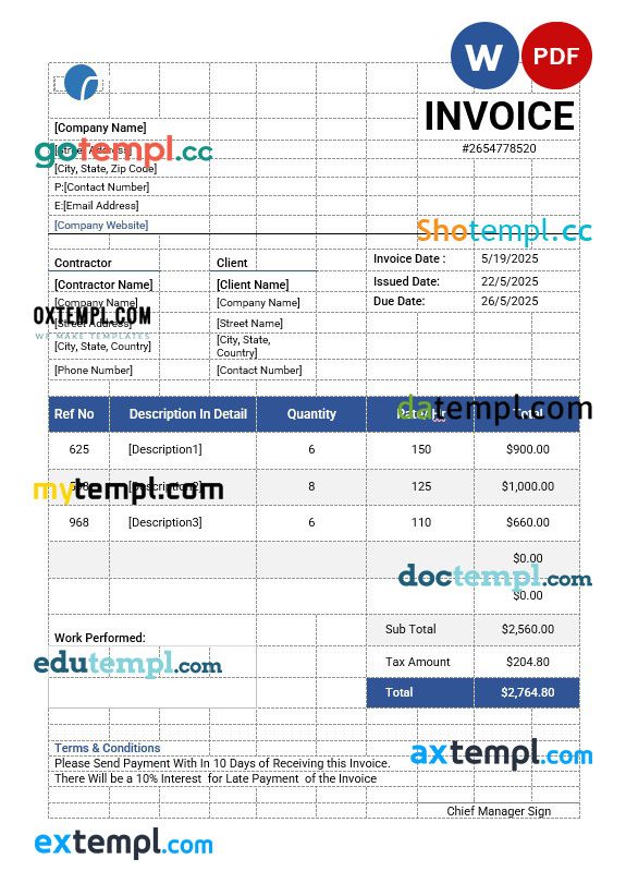 Independent Contractor Invoice example in word and pdf format