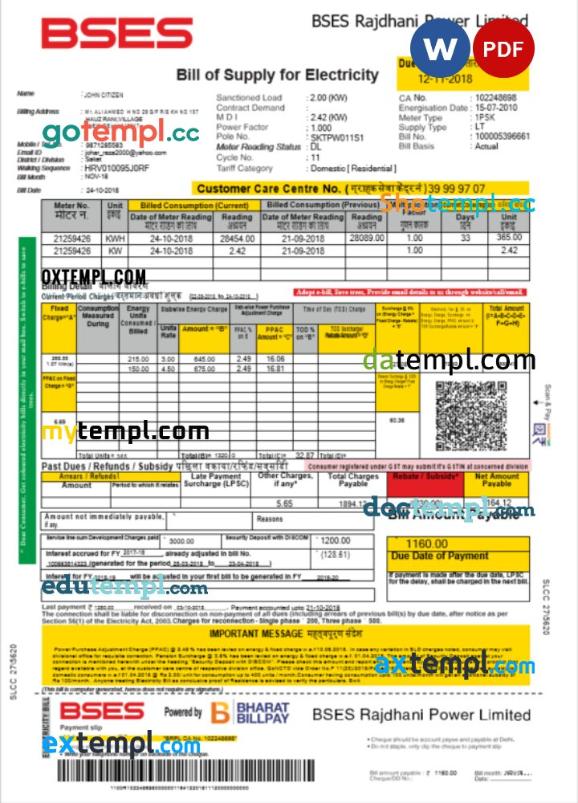 India Bses electricity utility bill Word and PDF template
