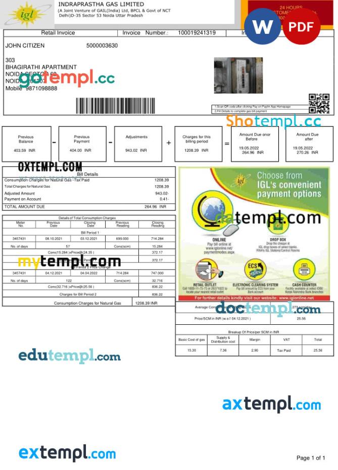 India Indraprastha Gas Limited utility bill template in Word and PDF format