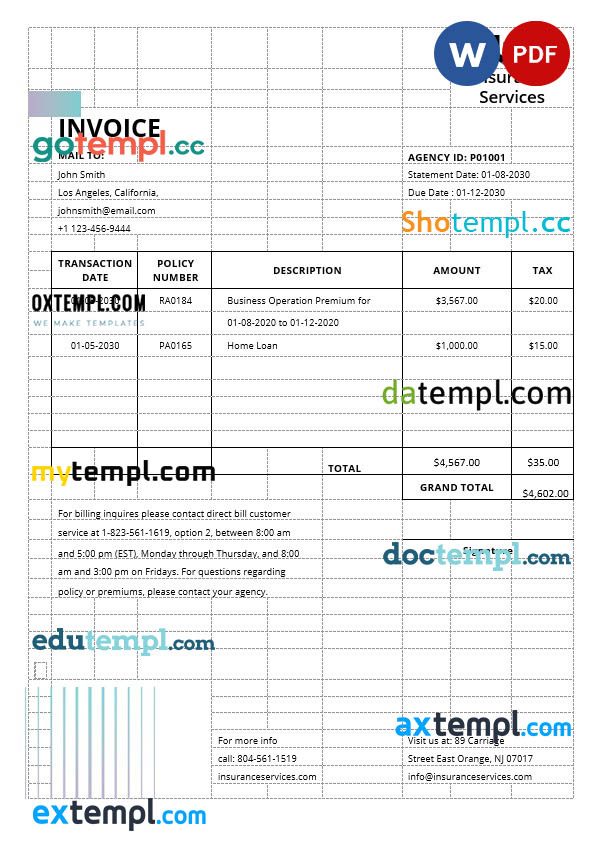 Insurance Agency Invoice example in word and pdf format