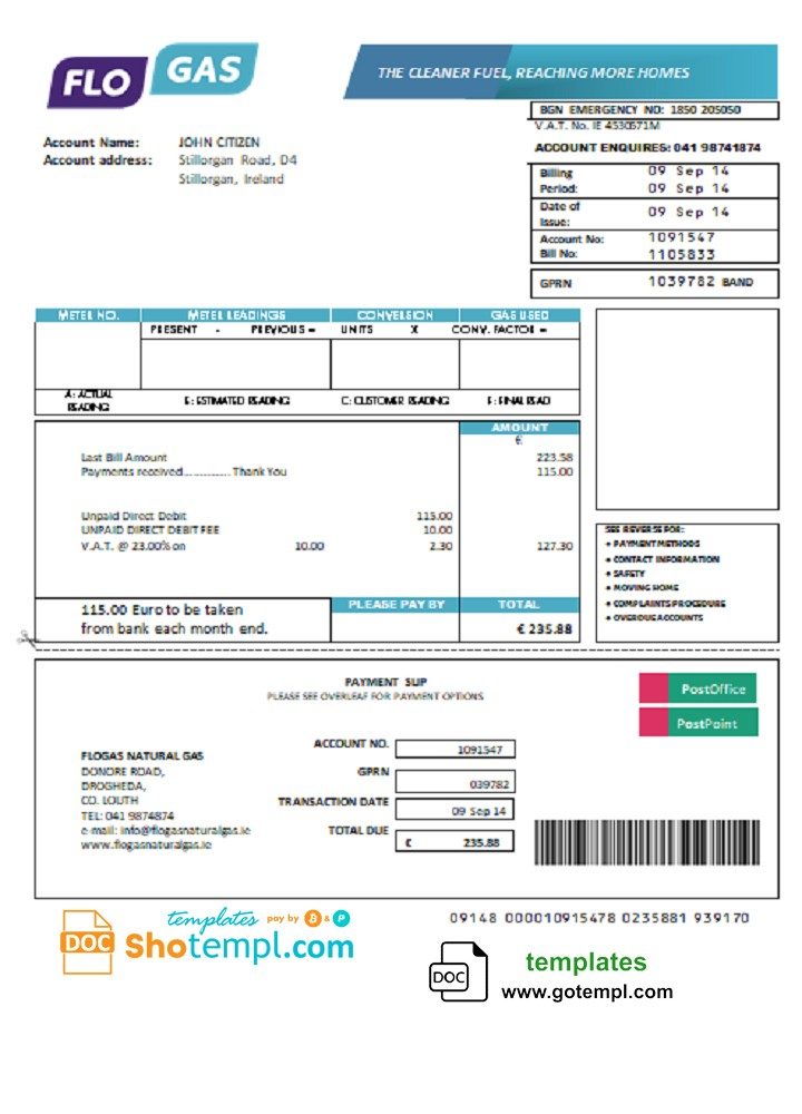 Irish Flogas Natural Gas utility bill download example in Word and PDF format
