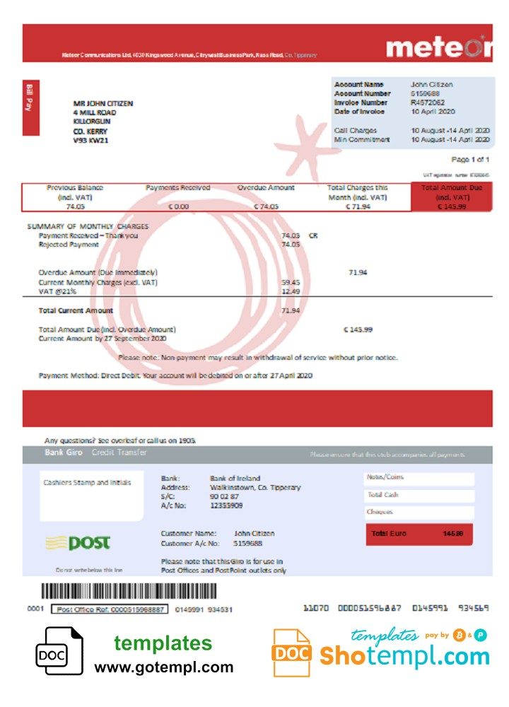 Irish Meteor utility bill download example in Word and PDF format