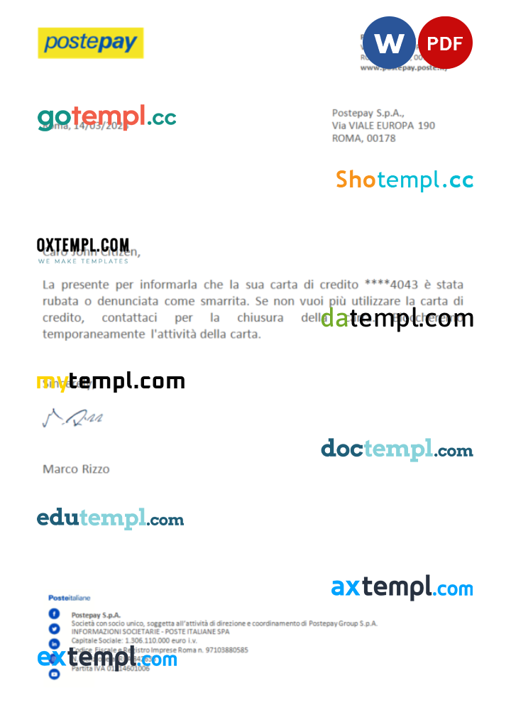 Italian Postepay Bank card closure reference letter Word and PDF example