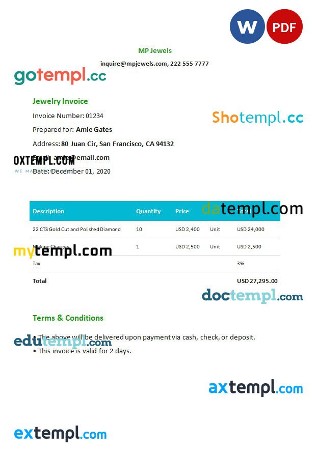 Jewelry Invoice example in word and pdf format