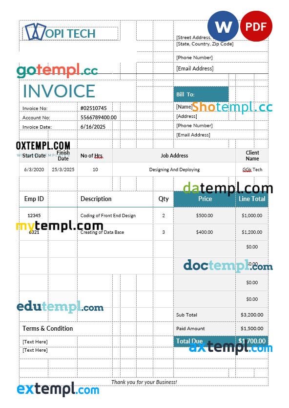 Job Invoice example in word and pdf format