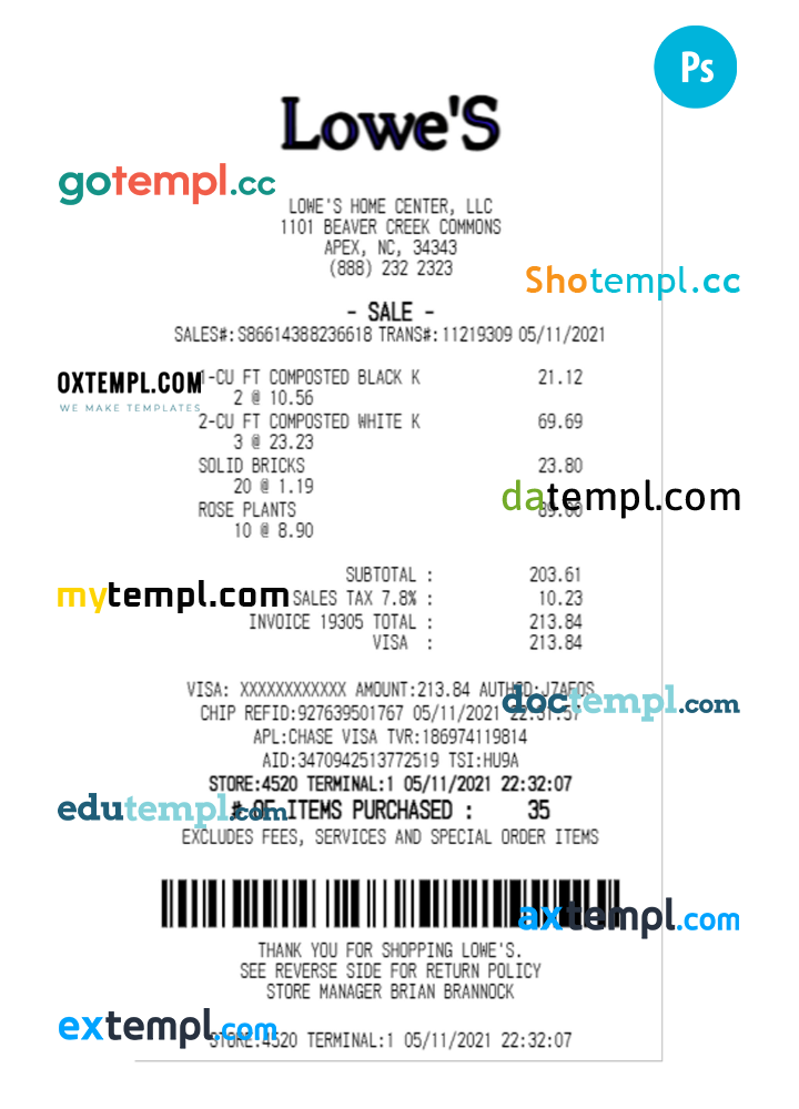 Lowe's Home Center payment receipt PSD example