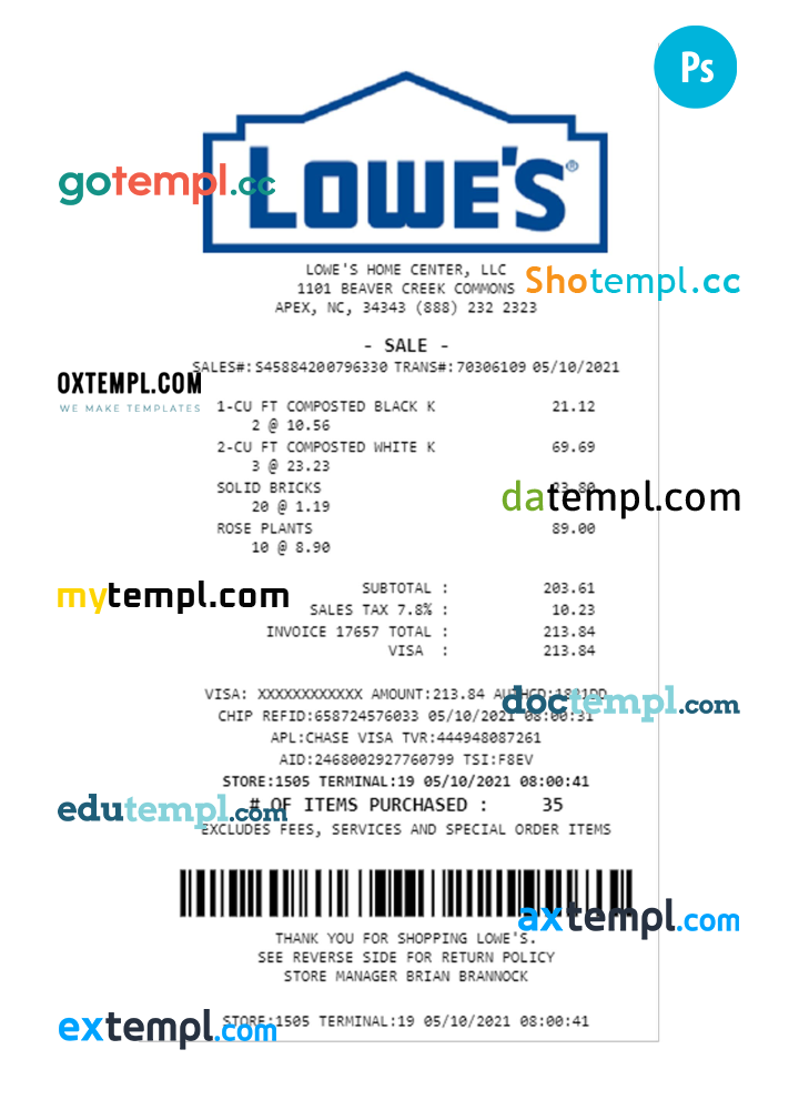 LOWE'S payment receipt PSD example