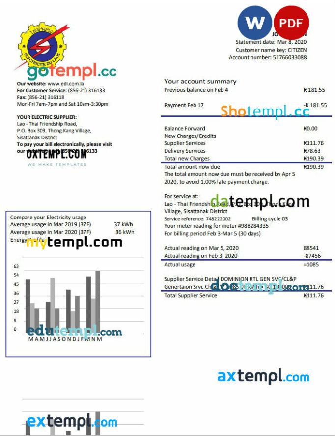 Laos Electricite du Laos electricity utility bill template in Word and PDF format