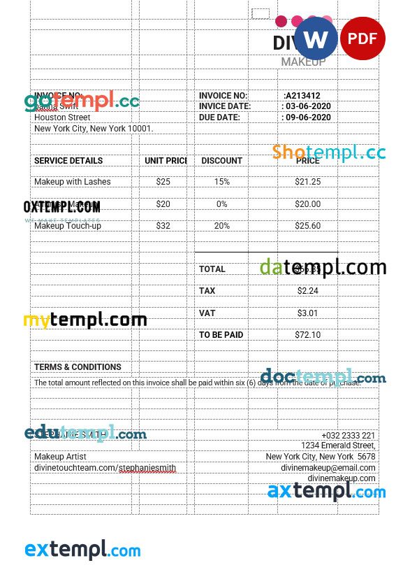 Makeup Artist Invoice example in word and pdf format