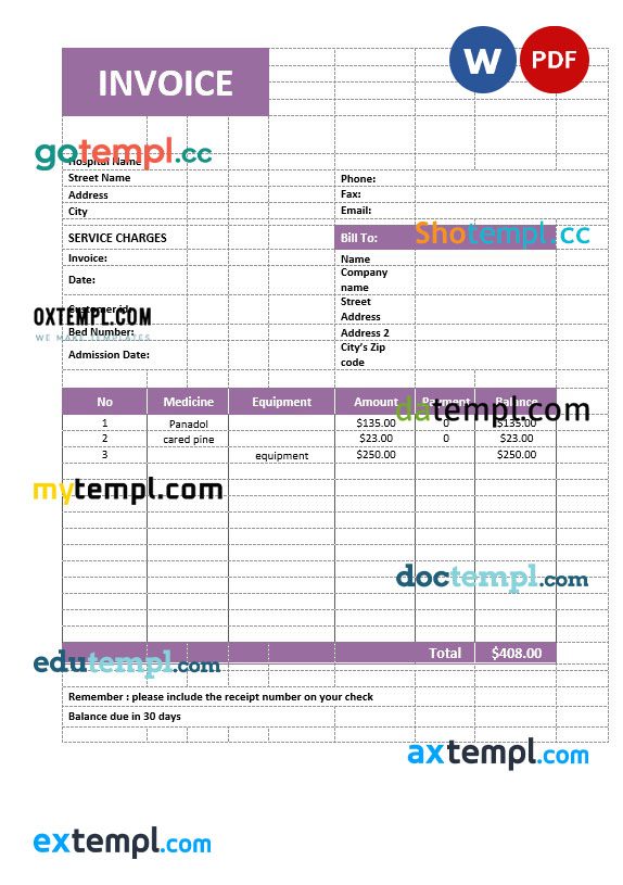 Medical Service Invoice example in word and pdf format