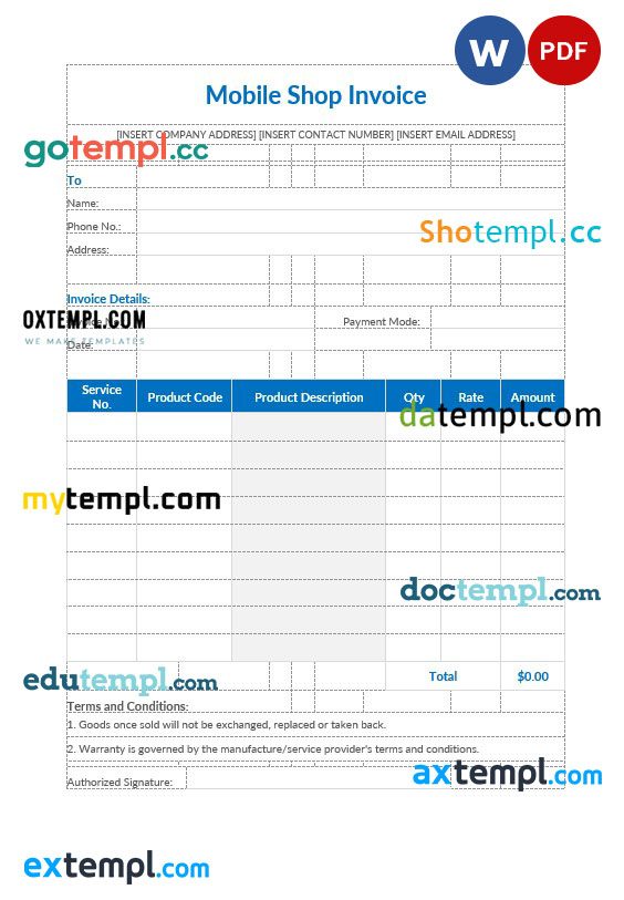 Mobile shop invoice example in word and pdf format
