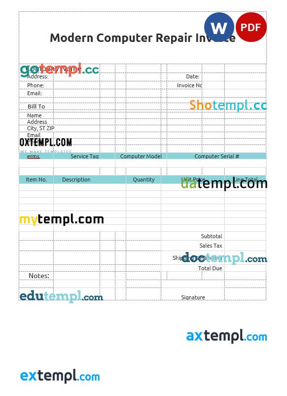 Modern Computer Repair Invoice example in word and pdf format