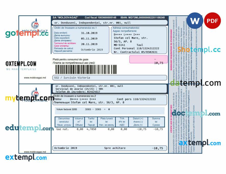 Moldova Moldovagaz utility bill template in Word and PDF format