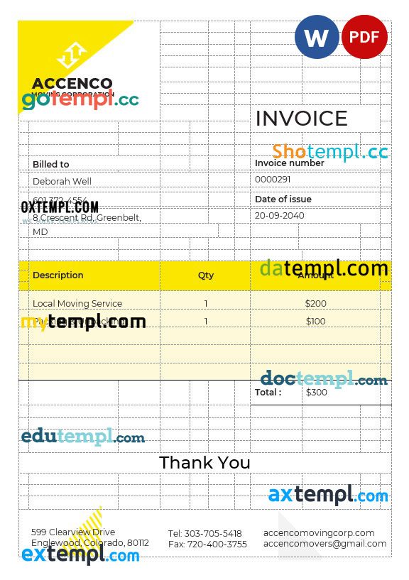 Movers & Moving Company Invoice example in word and pdf format