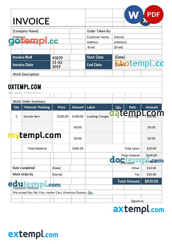 Moving company invoice example in word and pdf format