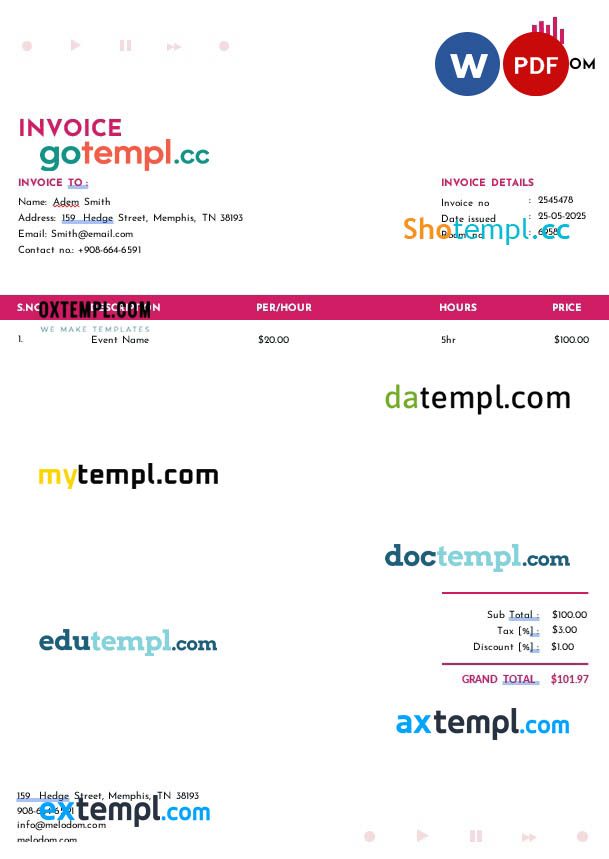 Music Festival Invoice example in word and pdf format