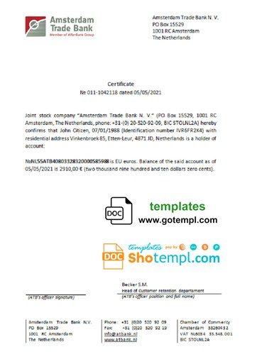 Dutch Amsterdam Trade Bank certificate example in Word and PDF format