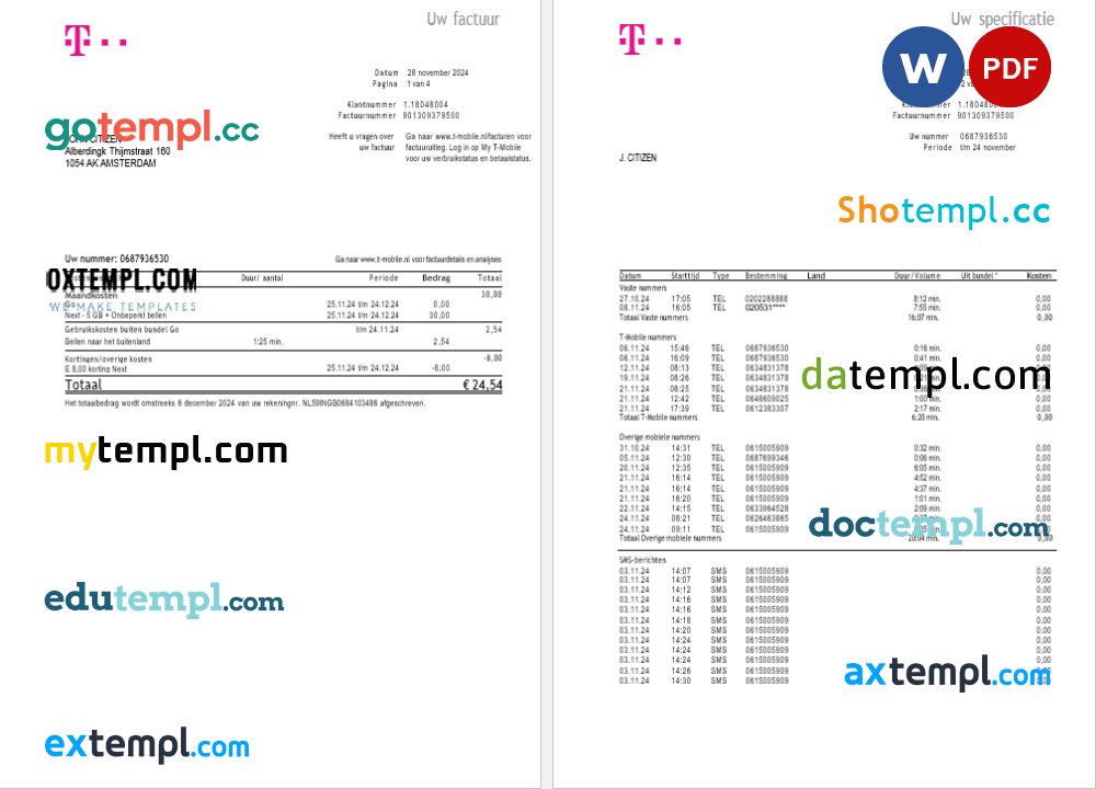 Netherlands T-Mobile utility bill Word and PDF template, 4 pages