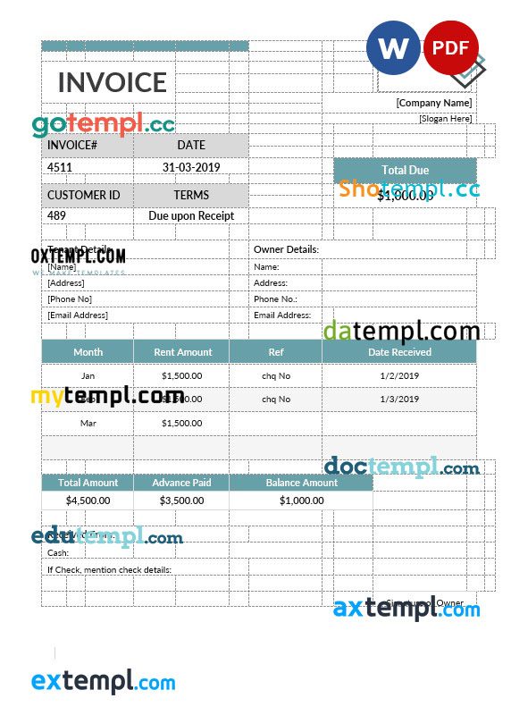Office Rent Invoice Format Template word and pdf format