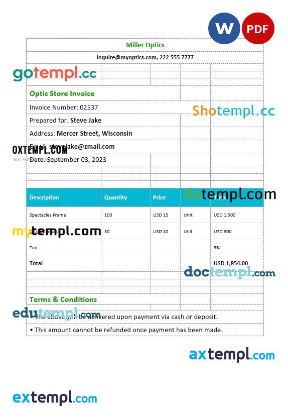 Optical Store Invoice example in word and pdf format