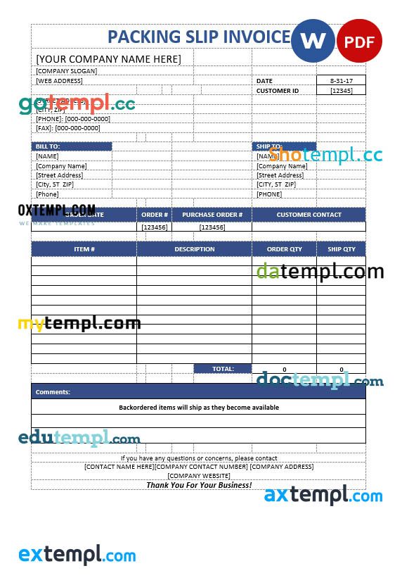 Packaging Slip Invoice example in word and pdf format