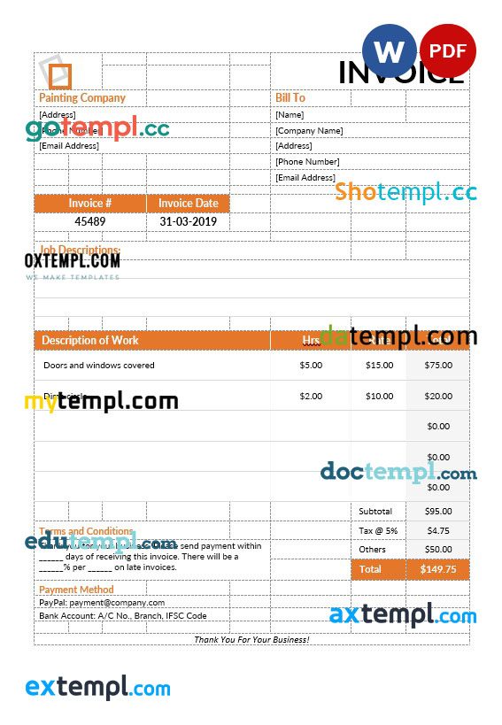 Painting Services Invoice example in word and pdf format