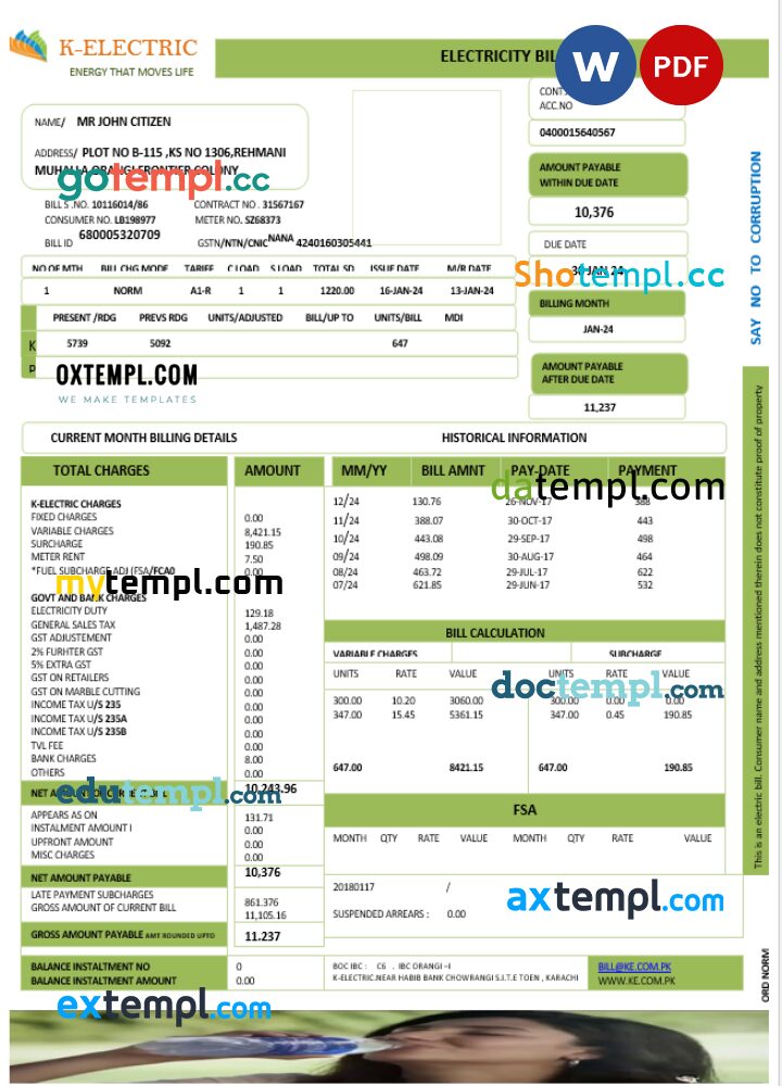 Pakistan K-Electric Limited utility bill download Word and PDF example