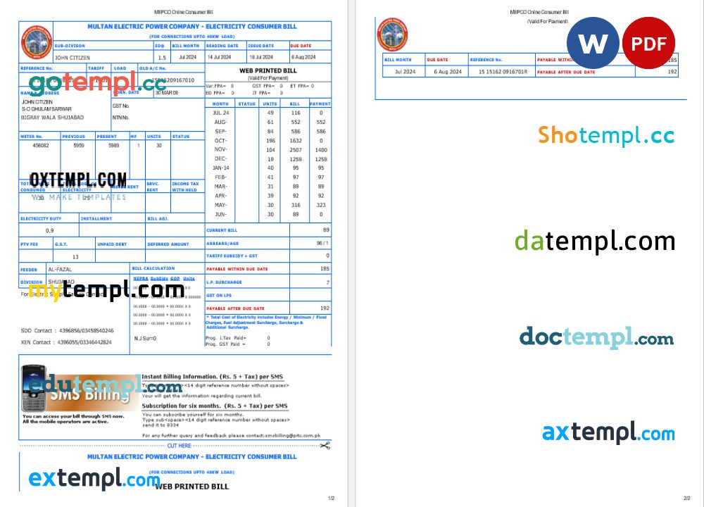 Pakistan Multan Electric Power utility bill Word and PDF template, version 2, 2 pages