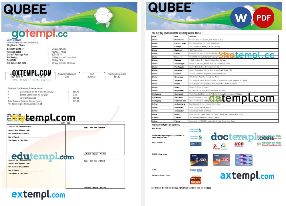 Pakistan Qubee utility bill Word and PDF template, 2 pages