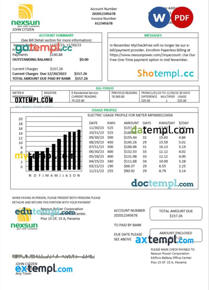 Panama Nexsun Power Corporation electricity utility bill Word and PDF template