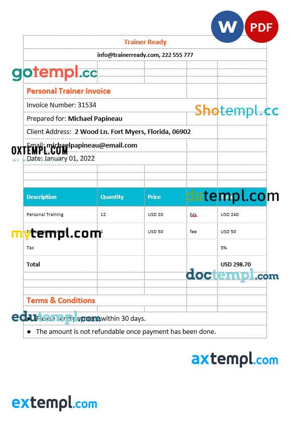 Personal Trainer Invoice example in word and pdf format