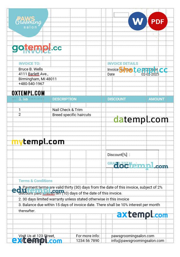Pet Grooming Invoice example in word and pdf format