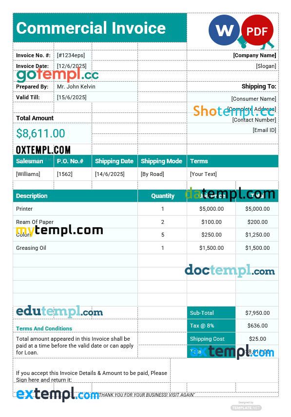 Printable Commercial Invoice example in word and pdf format