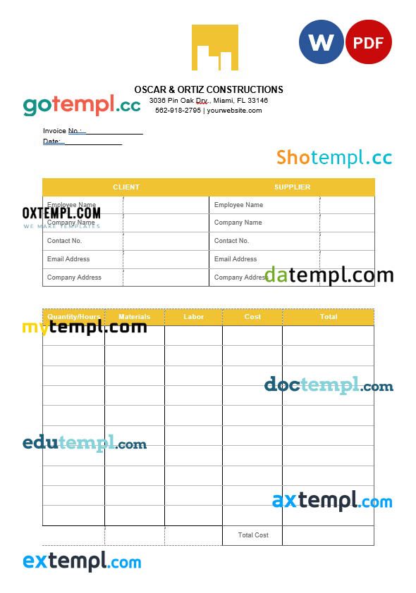 Printable Construction Invoice example in word and pdf format
