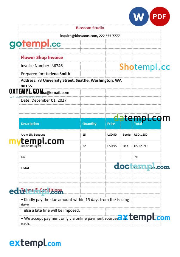 Printable Flower Shop Invoice example in word and pdf format
