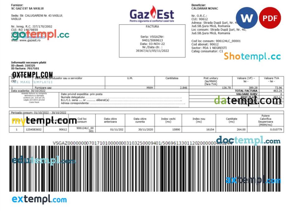 Romania Gaz Est utility bill Word and PDF template