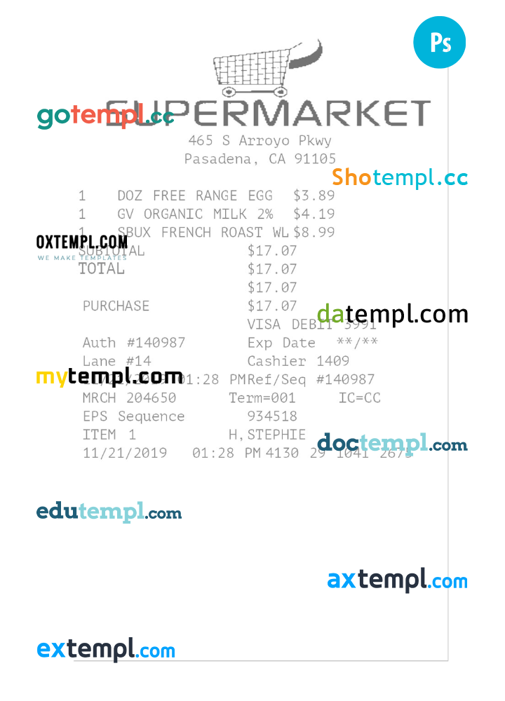 SUPERMARKET receipt example PSD example