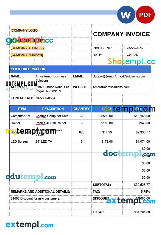 Sample IT Company Invoice example in word and pdf format