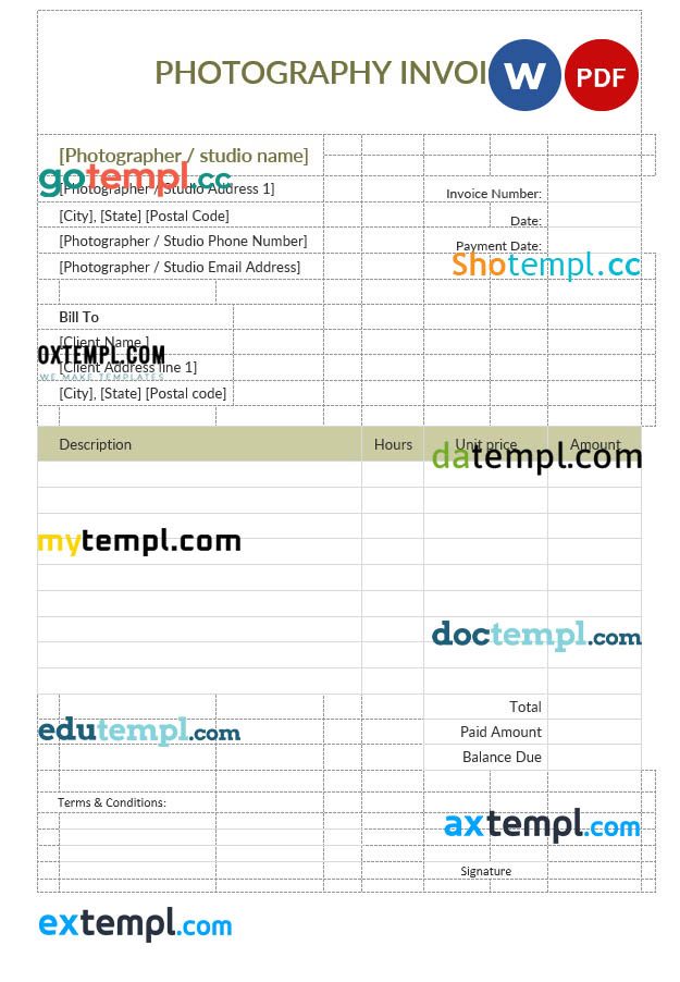 Sample Photography Invoice example in word and pdf format