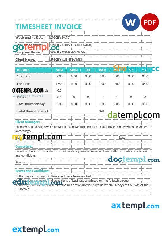 Sample Timesheet Invoice example in word and pdf format