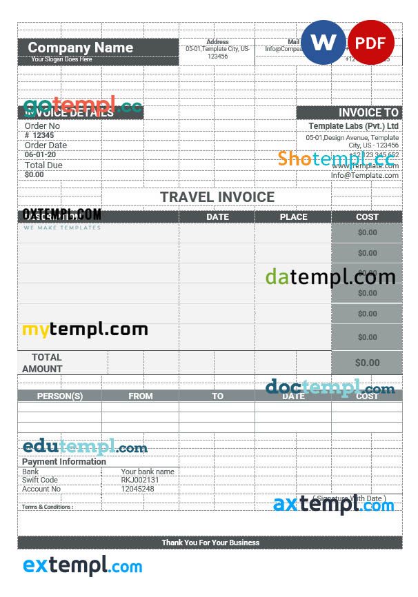 Sample Travel Invoice example in word and pdf format