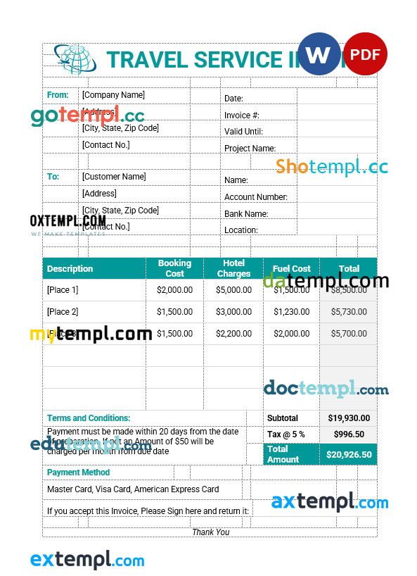 Sample Travel Service Invoice example in word and pdf format