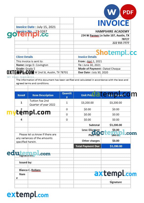School Tuition Invoice example in word and pdf format