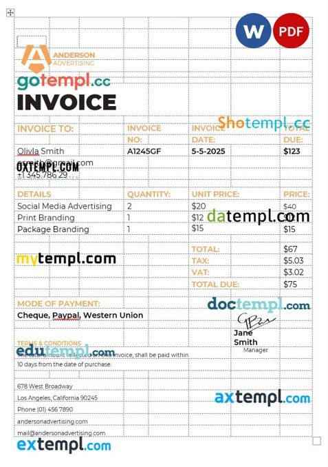 Advertising agency Invoice example in word and pdf format