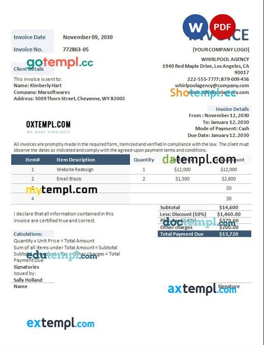 Advertising Agency Invoice Format example in word and pdf format
