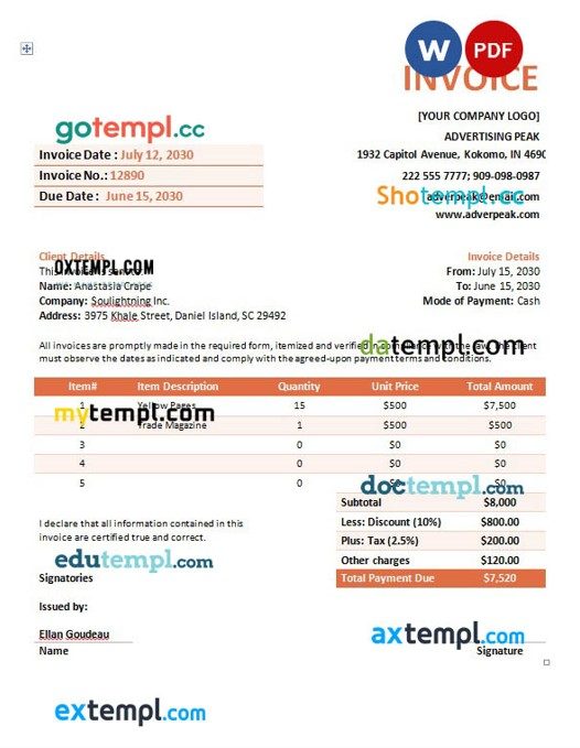 Advertising Company Invoice example in word and pdf format